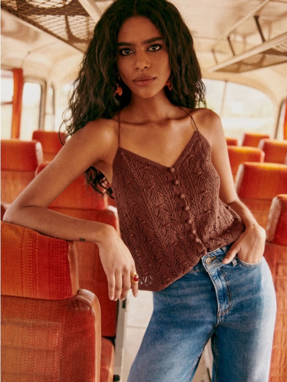 Sezane Brown Knit Button-Front Cami